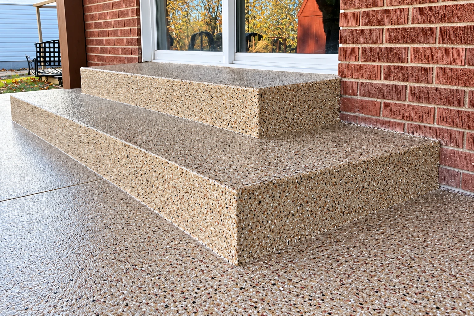Speckled concrete resurfacing covers outdoor steps and a landing beside a red brick wall and glass doors.