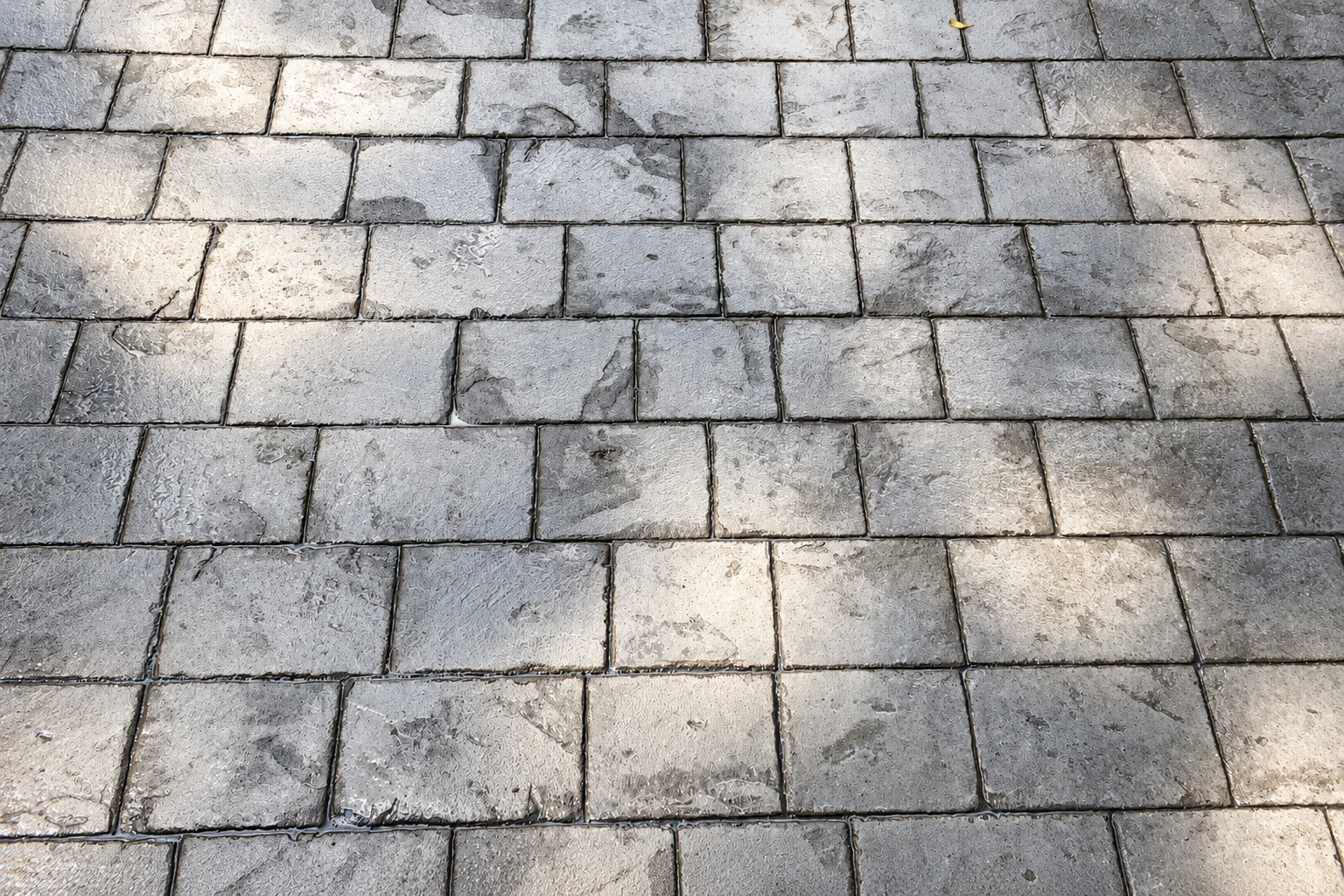 Gray rectangular stamped concrete pavers form a close-set outdoor surface.