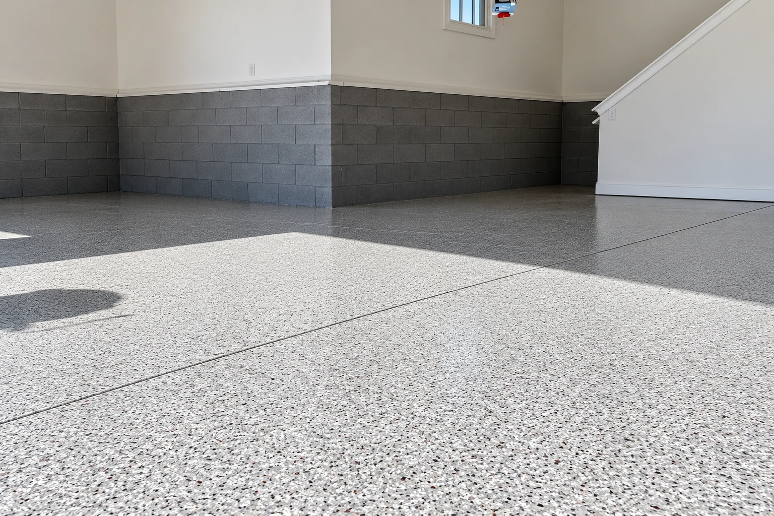 A speckled gray epoxy floor fills a garage with dark block walls and a staircase.