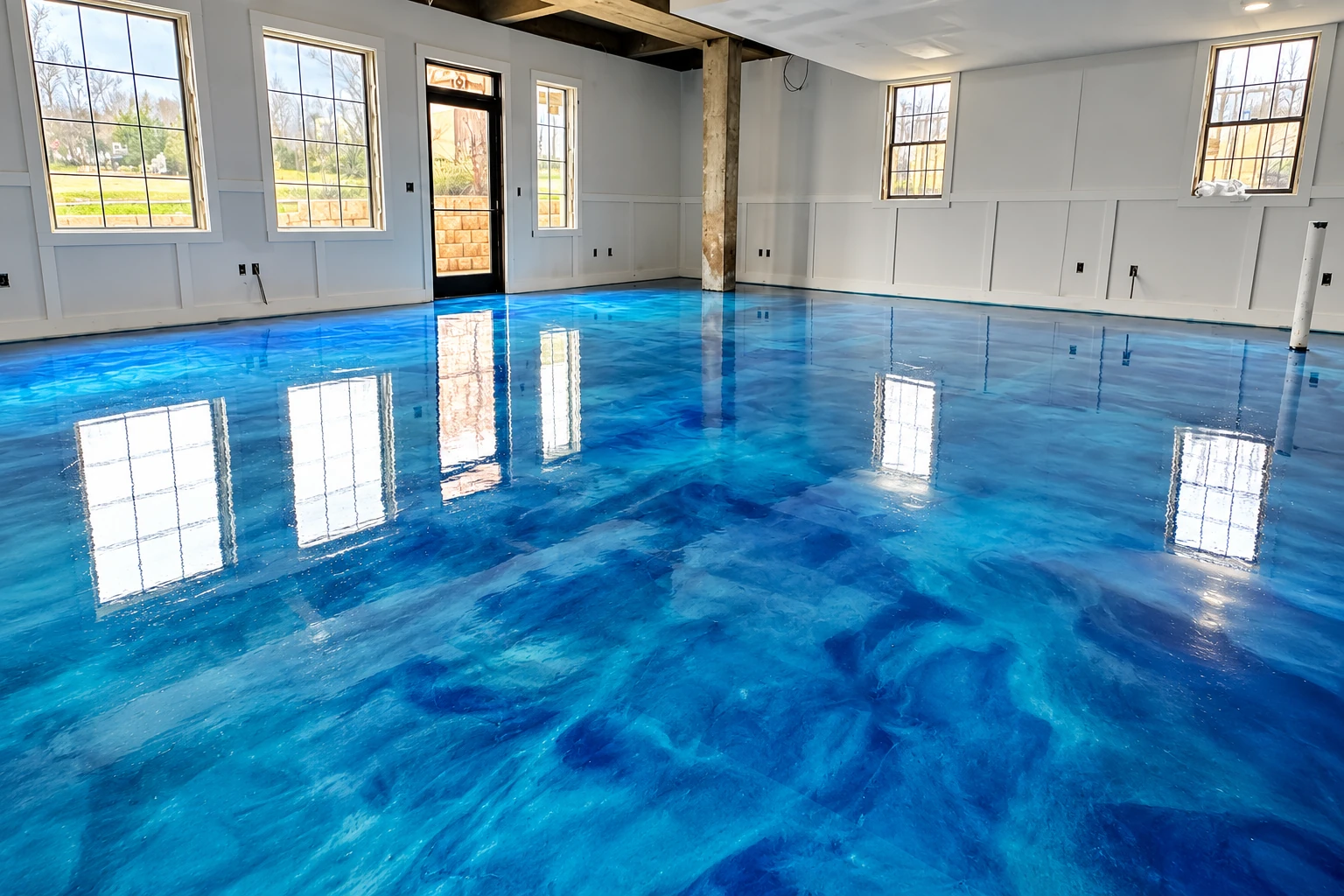 A glossy metallic blue epoxy floor with swirling patterns reflects windows in a bright, unfinished room.