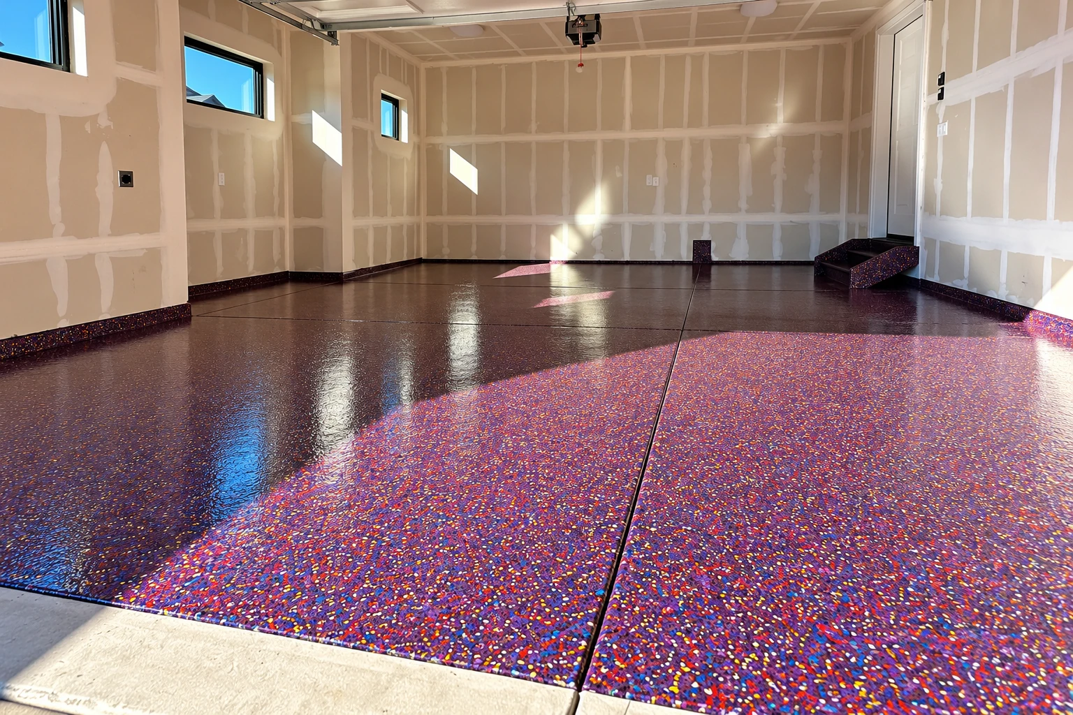 A newly coated garage floor has a glossy purple base scattered with colorful flakes, with unfinished drywall and sunlight in the background.