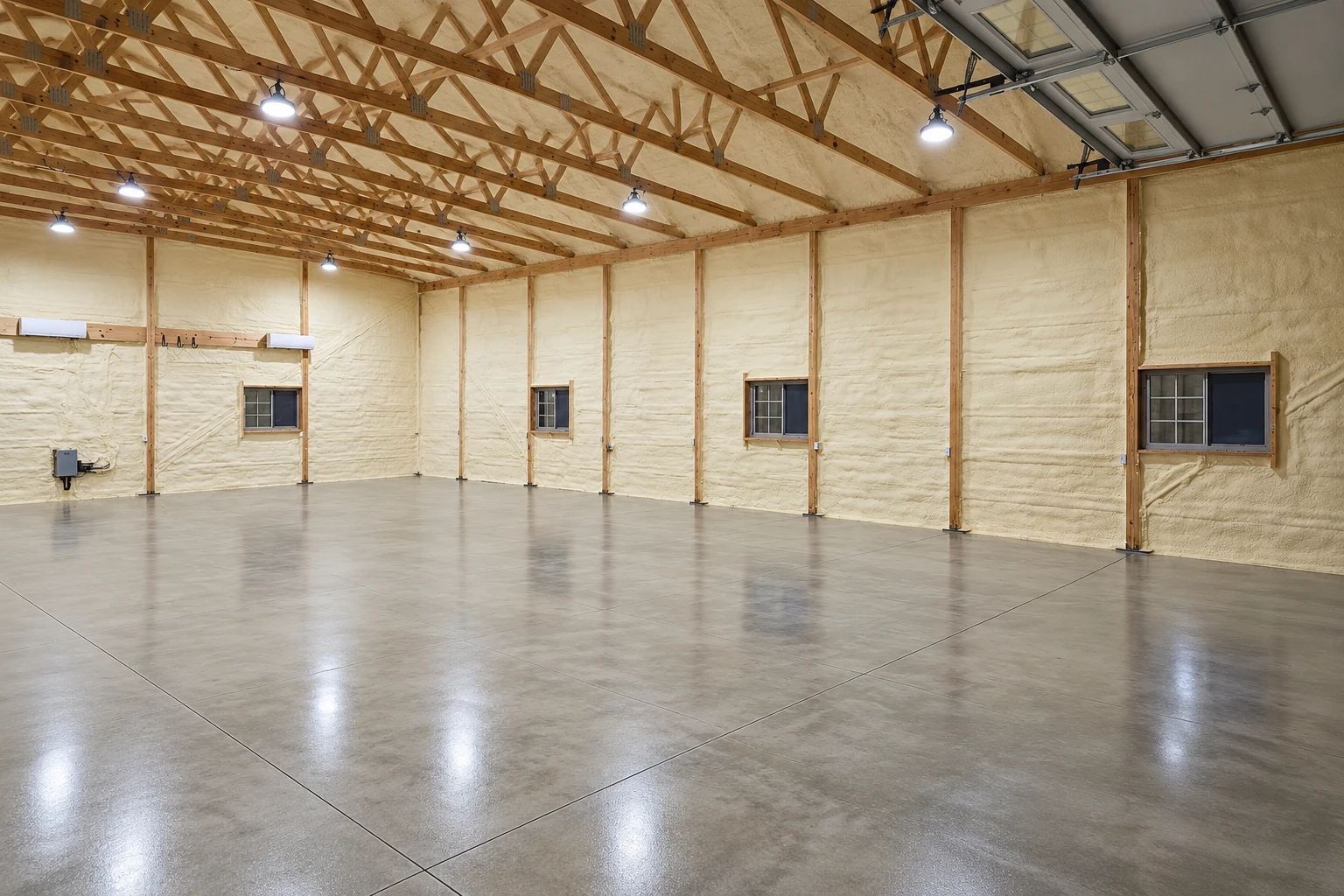 Polished concrete floor in a spacious workshop with pale insulated walls, exposed timber roof trusses, and several small windows.