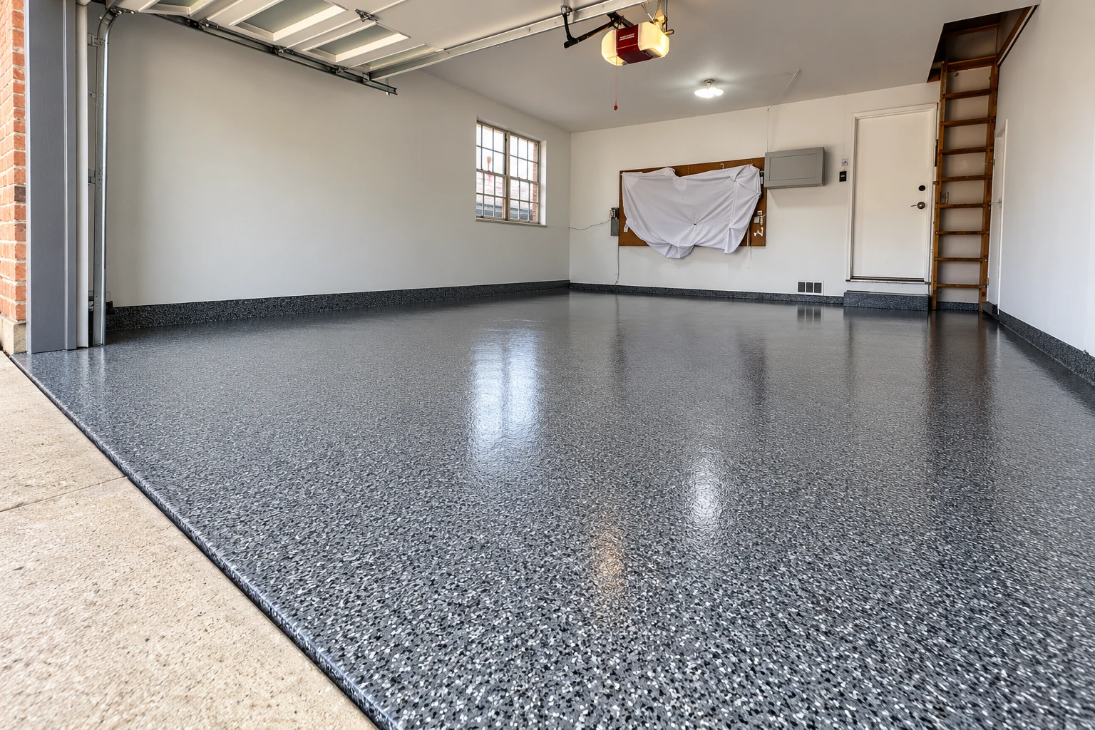 A polished dark gray flake-coated floor fills an empty garage, reflecting light from the windows and ceiling.