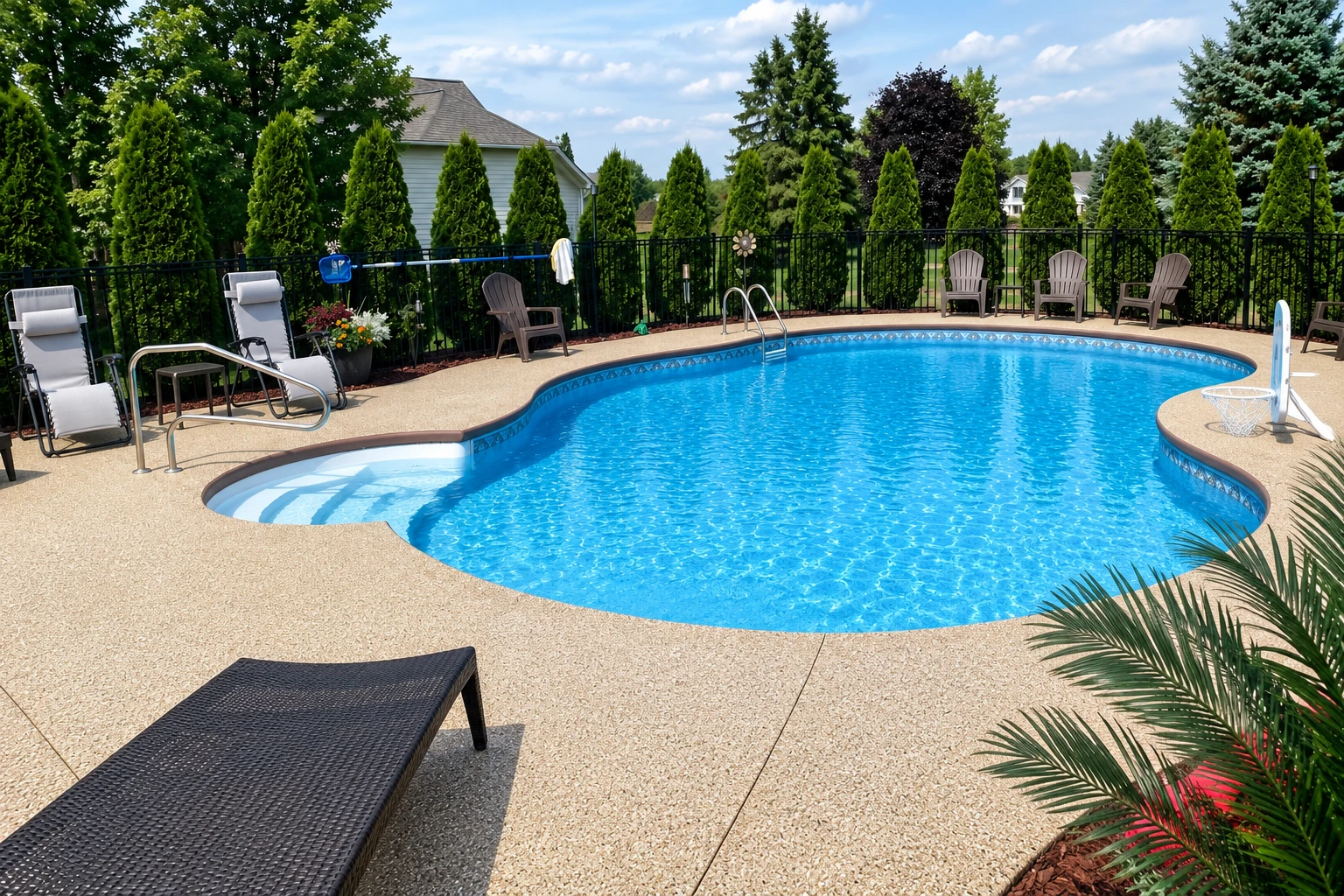 Textured tan pool deck coating surrounds a blue swimming pool, with lounge chairs and a black fence.