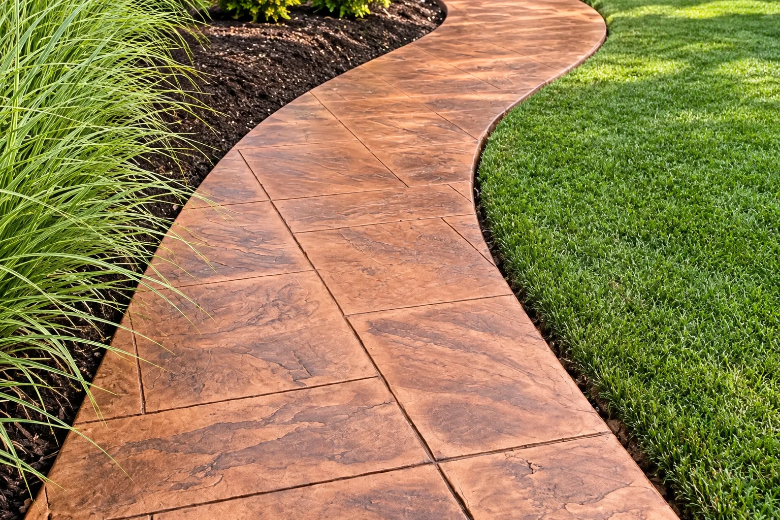 Curving reddish-brown stained concrete walkway with stamped rectangular sections borders grass and garden beds.