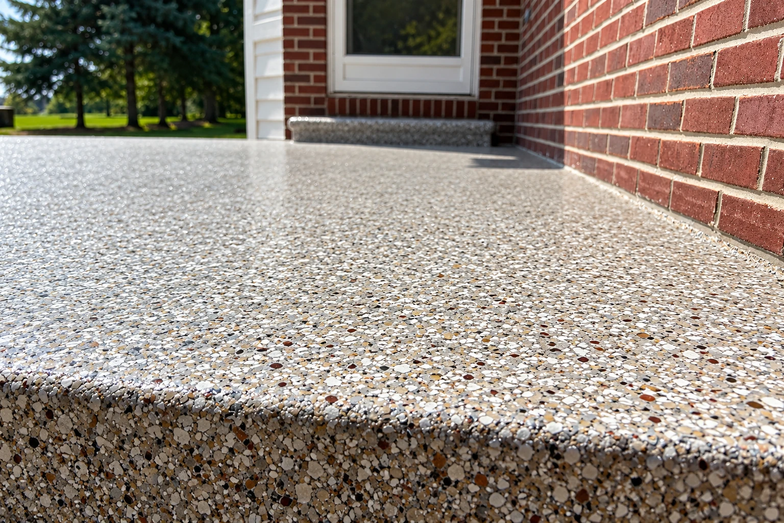 A speckled terrazzo walkway runs beside a red brick wall, with a raised rounded step at the edge.